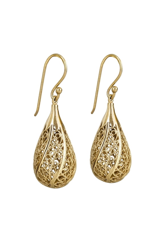 Turkish Bling Filigree Teardrop Drop Earrings Multi-Layer Gold Finish