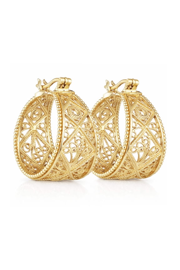 Turkish Bling Graduated Filigree Milgrain Detail Hoop Earrings 18k Gold over Bronze