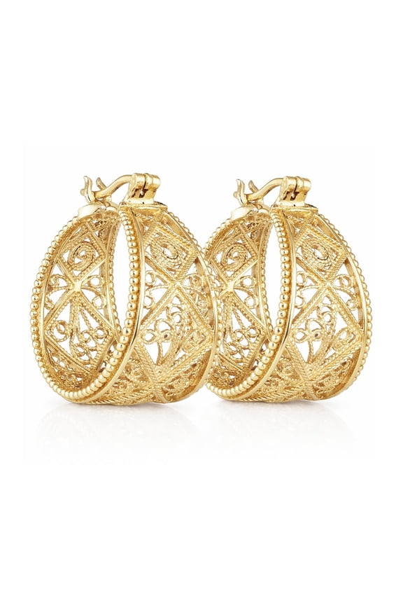 Graduated Filigree Milgrain Detail Hoop Earrings 18k Gold Over Bronze