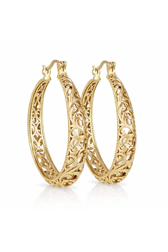 Turkish Bling Hoop Earrings with Large Graduated Scrollwork Filigree in 18K Gold Over Bronze