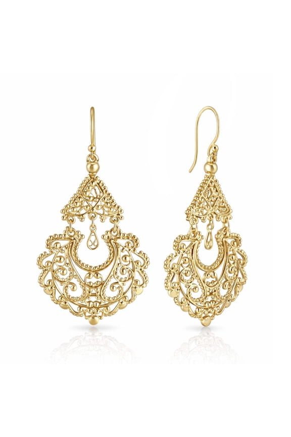 Turkish Bling Leaf Dangle Earrings with Nature-Inspired Filigree in 18K Gold Over Bronze