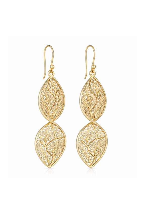 Turkish Bling Nature Inspired Filigree Leaf Dangle Earrings Gold Finish