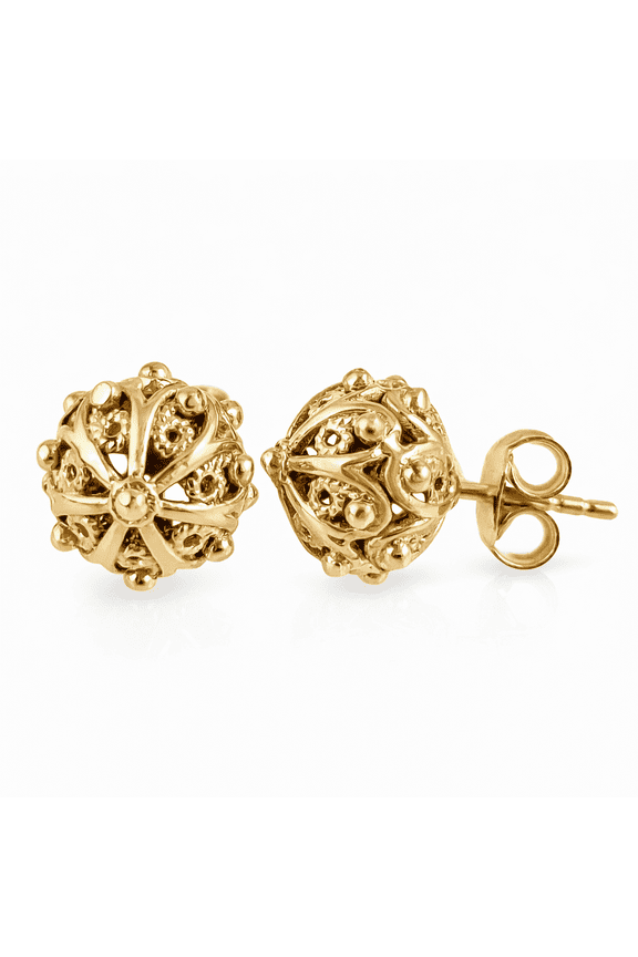 Ornate Sphere Floral Filigree Stud Earrings 18k Gold Over Bronze