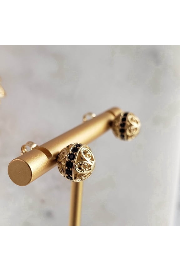 Petite Filigree Black Spinel Ball Stud Earrings Gold Finish