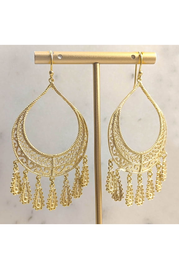 Teardrop Filigree Fringe Drop Earrings in 18K Gold Over Bronze