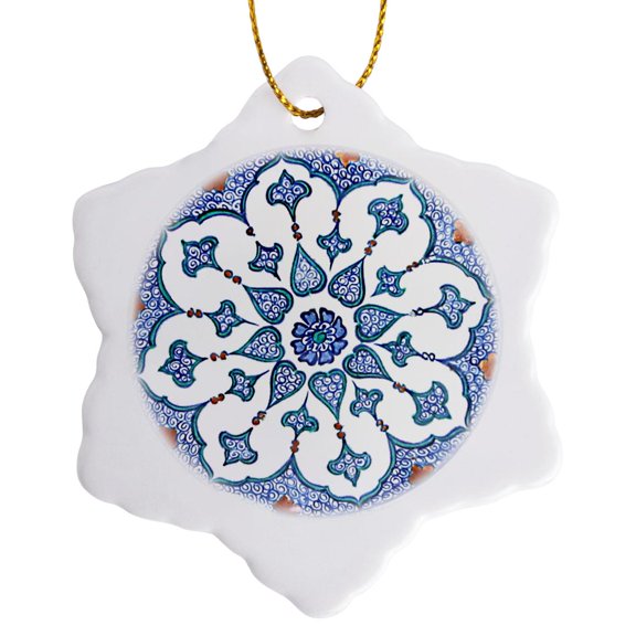 3drose, Turkish Blue and White Arabian Floral Middle Eastern Arabesque Pattern, 3 inch Snowflake Porcelain Ornament