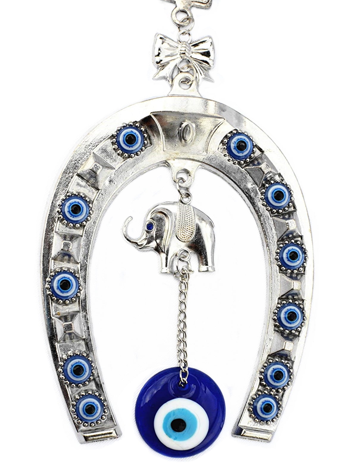 Evil Eye Car Hanging Ornament - Blue Crystal & Metal Elephant Charm For Good Luck & Protection