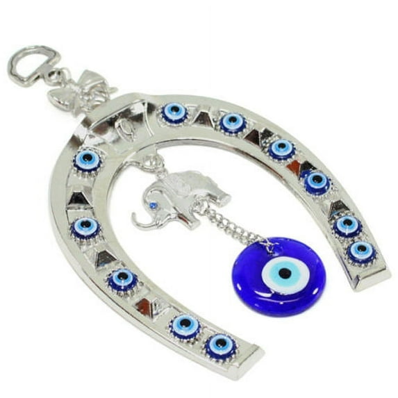 Turkish Blue Evil Eye Horseshoe with Elephant and Ribbon Wall Hanging Amulet