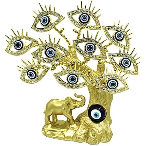 Turkish Blue Evil Eye Money Tree with Elephant – Home Office Decor, Housewarming Gift (Blue,Gold)