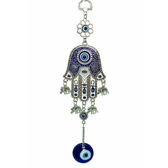 Turkish Blue Evil Eye Nazar Hamsa Hand with Lucky Elephant Protective Wall Hanging Decor Amulet Gift