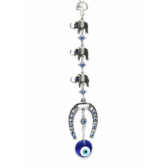 Turkish Blue Evil Eye Nazar with 3 Elephants Horse Shoe Home Office Wall Art Decor Hanging Amulet