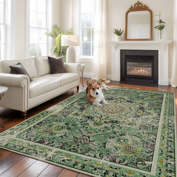 Turkish Boho 5x7 Area Rugs for Living Room, Green Wallpaper Murals Retro Medieval Non Slip Floor Mat Washable Low-Profile Indoor Carpet for Bedroom, Dining Room, Bathroom