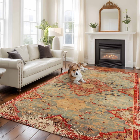Turkish Boho 5x7 Area Rugs for Living Room, Wallpaper Murals Retro Medieval Non Slip Floor Mat Washable Low-Profile Indoor Carpet for Bedroom, Dining Room, Bathroom