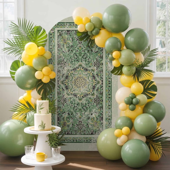 Turkish Boho Arch Backdrop Cover, 4FT, Green Wallpaper Murals Retro Medieval Spandex Arch Covers Double-Sided Backdrop for Wedding Birthday Party Photo Background Decoration