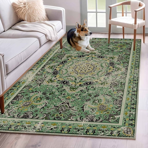 Turkish Boho Area Rugs 3x5 ft Green Wallpaper Murals Retro Medieval Washable Rug Non Slip Indoor Carpet Absorbent Floor Mat for Living Room Bedroom Dining Room