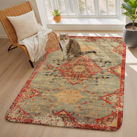 Turkish Boho Area Rugs for Living Room 5x6, Wallpaper Murals Retro Medieval Washable Area Rug with Non Slip Backing, Stain Resist Linen Carpet for Bedroom, Dining Room, Entryway, Entrance