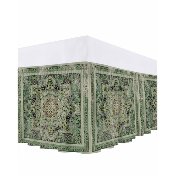 Turkish Boho Bed Skirt Green Wallpaper Murals Retro Medieval Bed Skirts Queen Size 16 Inch Drop, Wrap Around Dust Ruffle&nbsp;Bedskirt with Adjustable Elastic Belt for Queen Size Beds