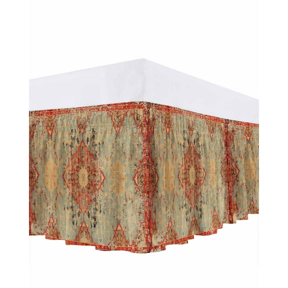Turkish Boho Bed Skirt King Size 16" Drop Wallpaper Murals Retro Medieval Ruffled Wrap Around Bed Skirts Adjustable Elastic Bedskirt Dust Ruffle for King Size Bed