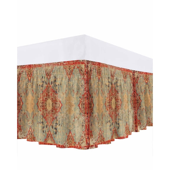 Turkish Boho Bed Skirt Queen Size 18" Drop Wallpaper Murals Retro Medieval Ruffled Wrap Around Bed Skirts Adjustable Elastic Bedskirt Dust Ruffle for Queen Size Bed