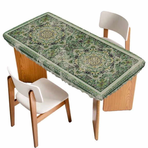 Turkish Boho Fitted Rectangle Tablecloth 24" x 36" Green Wallpaper Murals Retro Medieval Elastic Table Cloth Fits for 3 Foot Folding Tables Waterproof Table Cover for Picnic Camping Outdoor