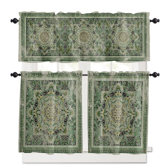 Turkish Boho Kitchen Curtains Valance and Tier Set Green Wallpaper Murals Rod Pocket Short Curtains for Small Window 3 Pieces Set for Bedroom Bathroom Cafe (54" x 18"+27" x 36")