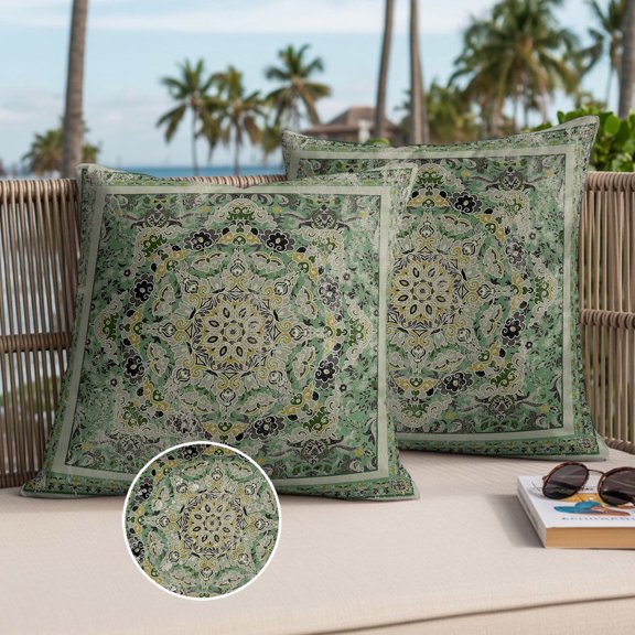 Turkish Boho Outdoor Waterproof Throw Pillow Covers Set of 2, 18"x18", Green Wallpaper Murals Retro Medieval Decorative Pillow Covers Outside Cushion Case for Patio Porch Garden