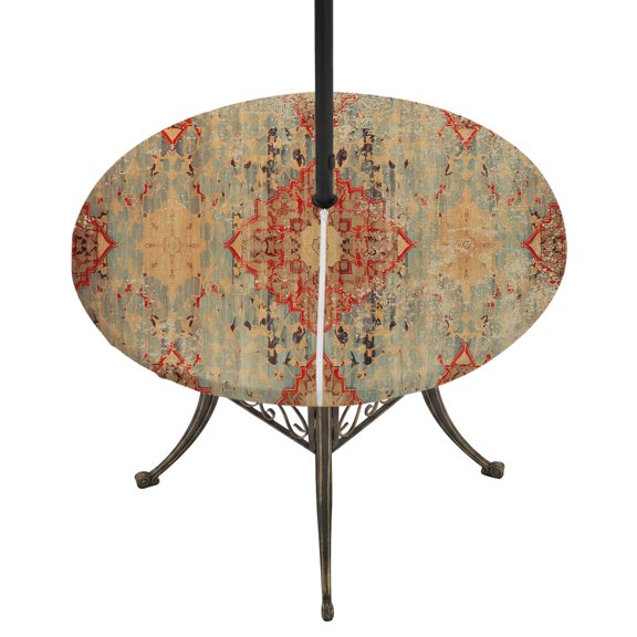 Turkish Boho Round Outdoor Tablecloth with Umbrella Hole, Wallpaper Murals Fitted Table Cloth with Zipper Retro Medieval Waterproof Patio Table Covers for Picnic, Fits 31"-35" Round Tables