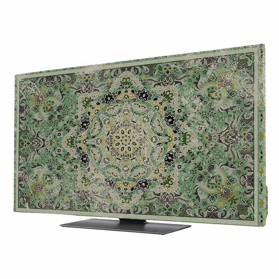 Turkish Boho TV Dust Cover 85 Inch, Green Wallpaper Murals Retro Medieval Computer Monitor Cover Dustproof Stretchable Indoor TV Screen Protector for LED LCD Universal Monitors