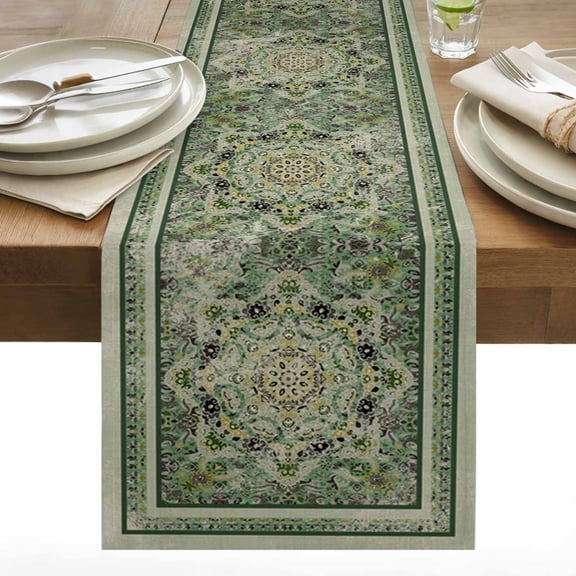 Turkish Boho Table Runner 13x120 inch Green Wallpaper Murals Cotton Linen Dining Table Runner Ideal for Dresser Kitchen Coffee Tables - Machine Washable