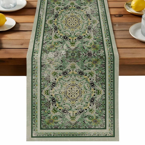Turkish Boho Table Runner, Green Wallpaper Murals Cotton Linen Table Cloth, Retro Medieval Tablerunner for Kitchen Dining Party Wedding Home Decor 13x90 Inch