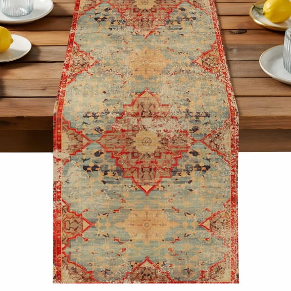 Turkish Boho Table Runner, Wallpaper Murals Cotton Linen Table Cloth, Retro Medieval Tablerunner for Kitchen Dining Party Wedding Home Decor 13x108 Inch
