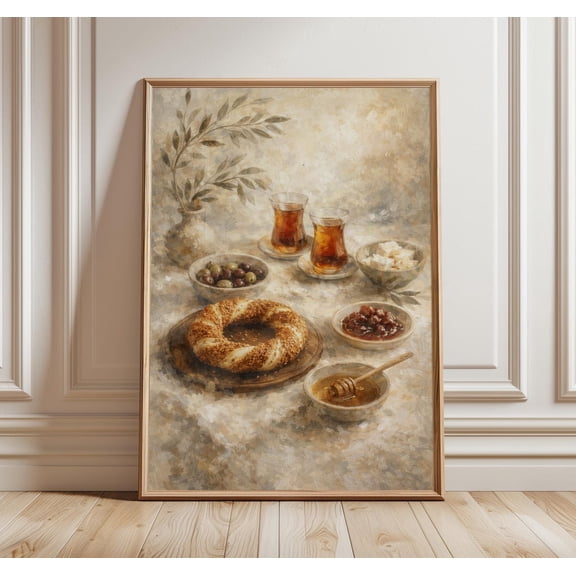 Turkish Breakfast Wall Art Simit And Tea Print Kitchen Decor Food Wall Art Neutral Still Life Artwork, Unframed Paper Print