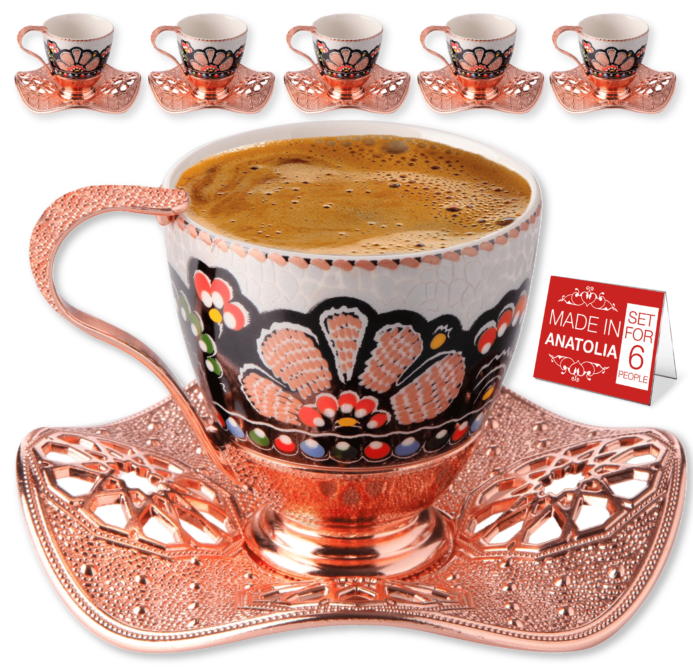 Turkish Coffee Cup Set of 6 with Handmade Wavy Design Saucers and Cup Holders | 18-Piece Elegant Rosegold Espresso Mugs for Authentic Turkish, Greek and Arabic Coffee Experience, 3 oz