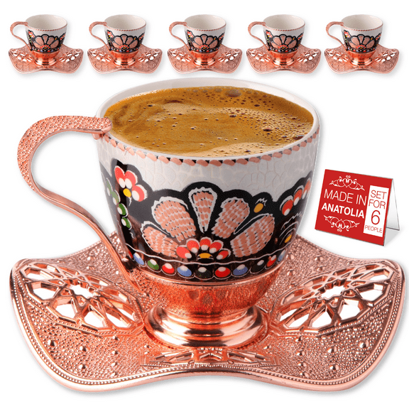 Turkish Coffee Cup Set of 6 with Handmade Wavy Design Saucers and Cup Holders | 18-Piece Elegant Rosegold Espresso Mugs for Authentic Turkish, Greek and Arabic Coffee Experience, 3 oz