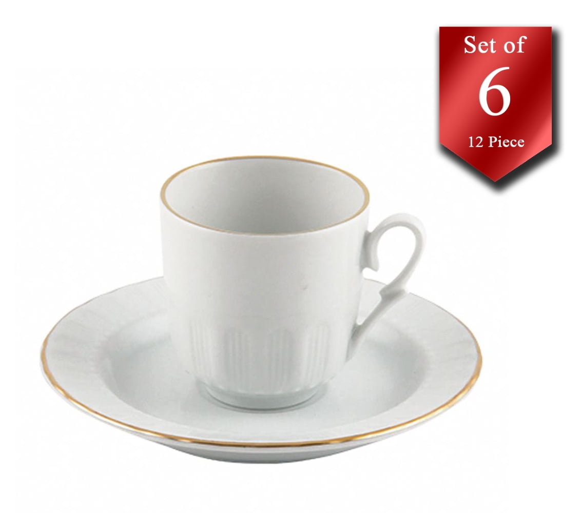 Turkish Coffee Cup Set of 6, Cuban Porcelain Fancy Espresso Cups with Saucers
