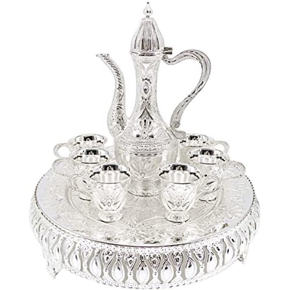 Turkish Coffee Cup and Tea Pot Set Including Teapot,Tea Tray,6 Metal Cups,Tea Service Set for Tea Table Decor,Hip Flask(Silver)