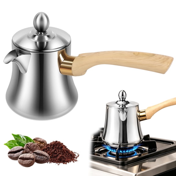Turkish Coffee Pot (19oz), Stainless Steel Cezve with Lid,One-Piece Seamless Body, Heat-Insulated Wood-Grain Handle, Gas & Electric Stovetops