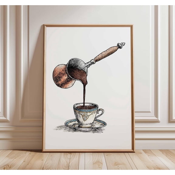 Turkish Coffee Pouring Illustration Vintage Wall Art Print, Thoughtful Kitchen And Dining Theme For Cafe, Kitchen And Dining Room Decor