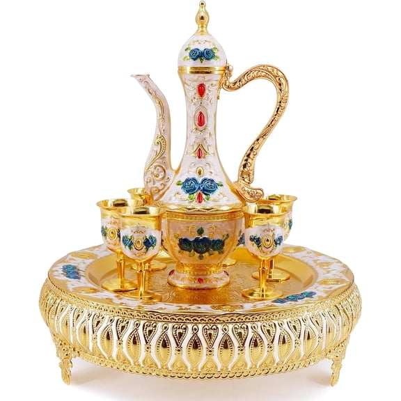 Turkish Coffee and Tea Service Set with Teapot, Tray, 6 Metal Cups, and Gold Hip Flask for Table Decor