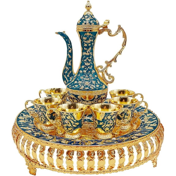 Turkish Coffee and Tea Service Set with Teapot, Tray, 6 Metal Cups, and Gold Hip Flask for Table Decor
