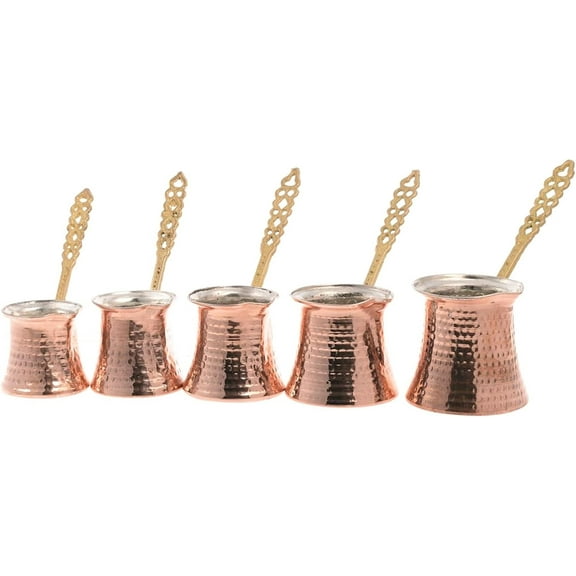 Turkish Copper Coffee Pot Set for Stovetop | 5 Pcs Handmade Arabic Greek Coffee Maker Set with Brass Handles | Traditional Vintage Handcrafted Coffee Pot Set | Butter Warmer, Cezve Jazva Briki Ibrik