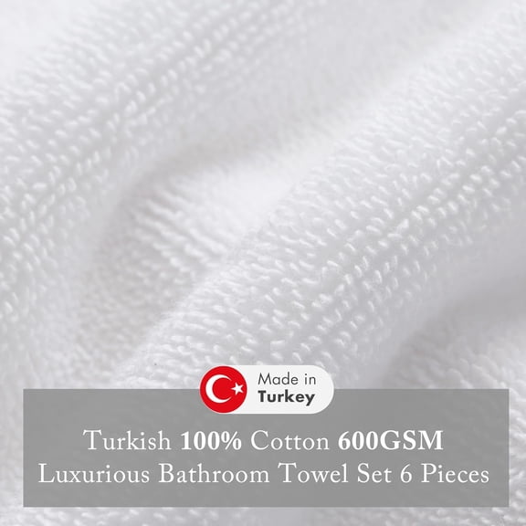 Turkish Cotton 600Gsm Luxury Premium Thick Soft Absorbent Hotel Bathroom Towel Set Shower Hand Face Washcloths, Assorted Sizes, White 6 Piece