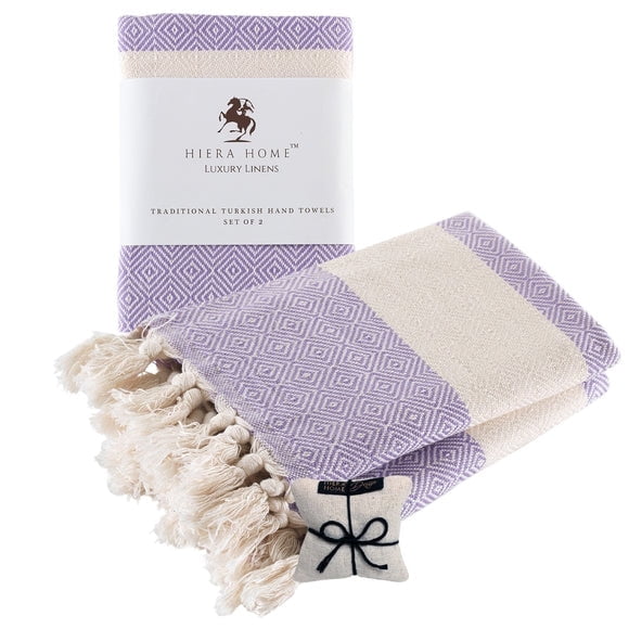 Turkish Cotton Hand Towels for Bathroom & Kitchen, Soft, Absorbent, Lilac, Set of 2, 19x39 inches