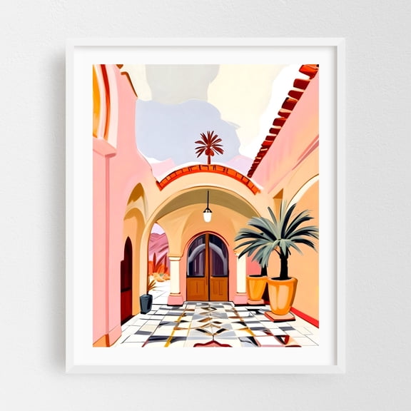 Turkish Courtyard - Illustration Architecture Tropical Minimalist Art Deco Pastel Mediterranean Surrealism White Framed Wall Art Print 12 x 16 inches
