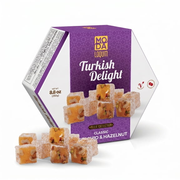 Turkish Delight Candy (Lokum) Gourmet Chewy Candy with Nuts, Premium Gift Box Honeycomb Packaging, 8.8 oz (250g), Middle Eastern Sweets (Hazelnut & Pistachio)