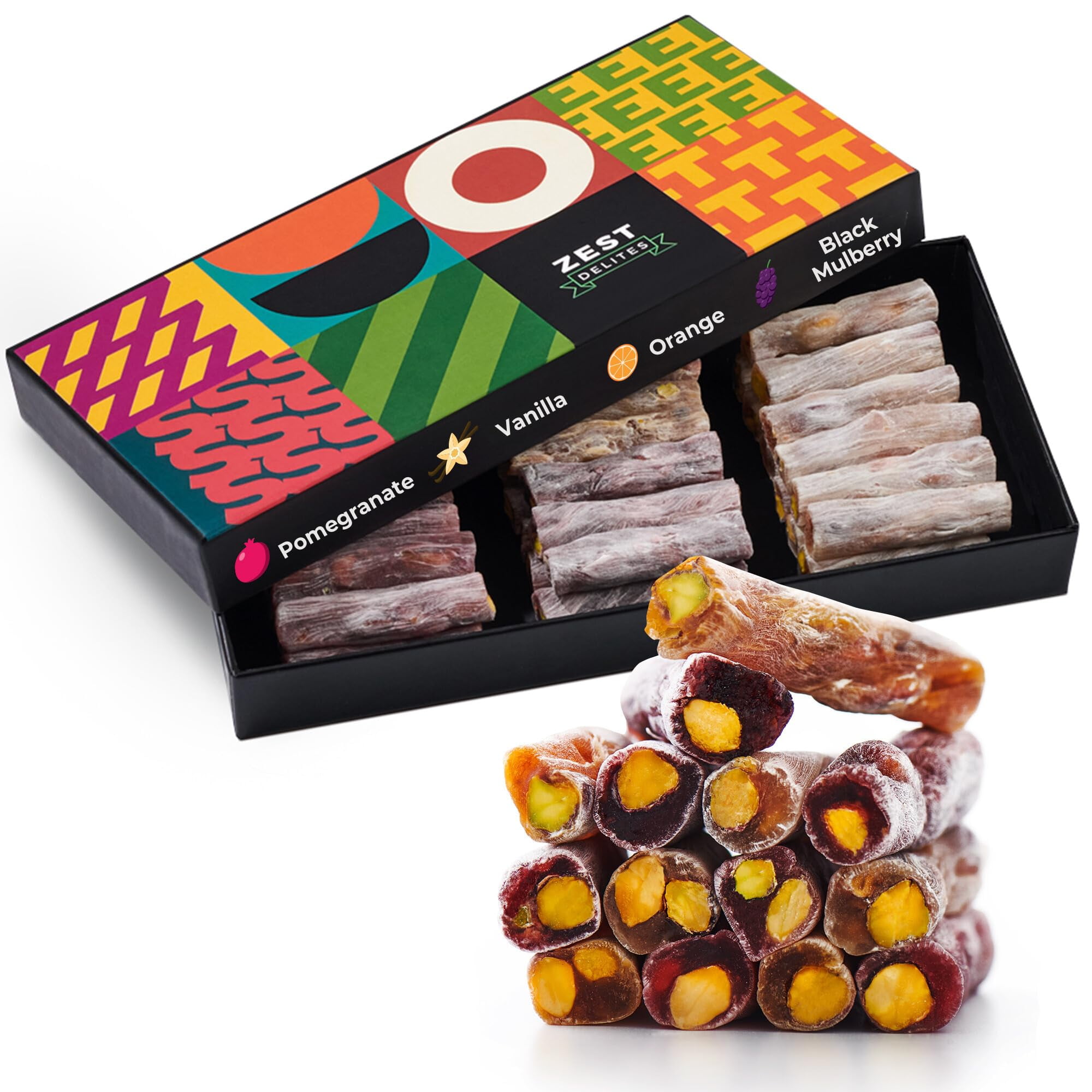 Bakirkazan Behlul Turkish Delight Gift Box - Luxury Vegan Sweets With Pistachio, Orange, & Biscuit Flavors