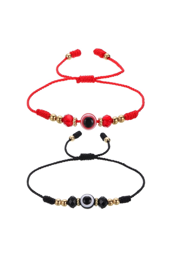 Turkish Evil Eye Bracelets, 2 Pcs Good Luck Protection Handmade Braided Rope Bracelet for Women Men Stackable Blessing Jewelry (Black/Red)