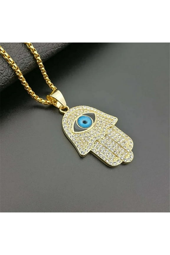 Turkish Evil Eye Hamsa Hand of Fatima Pendant Necklace 14K Yellow Gold Iced Out Chain Hip Hop Women/Men Jewelry Gift