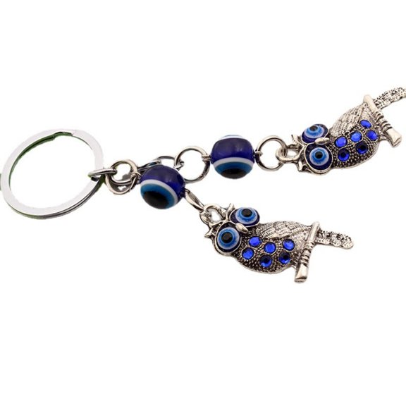 Turkish Evil Eye Owl Keychain Alloy Beaded Key Ring Bag Charm Lucky Pendant