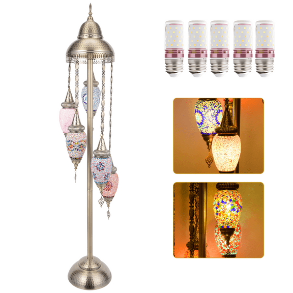 Turkish Floor Lamp, Moroccan Bohemian Style Living Room Decor, Handcrafted Mosaic Metal Base, Includes 5 Olive Shape Lampshades